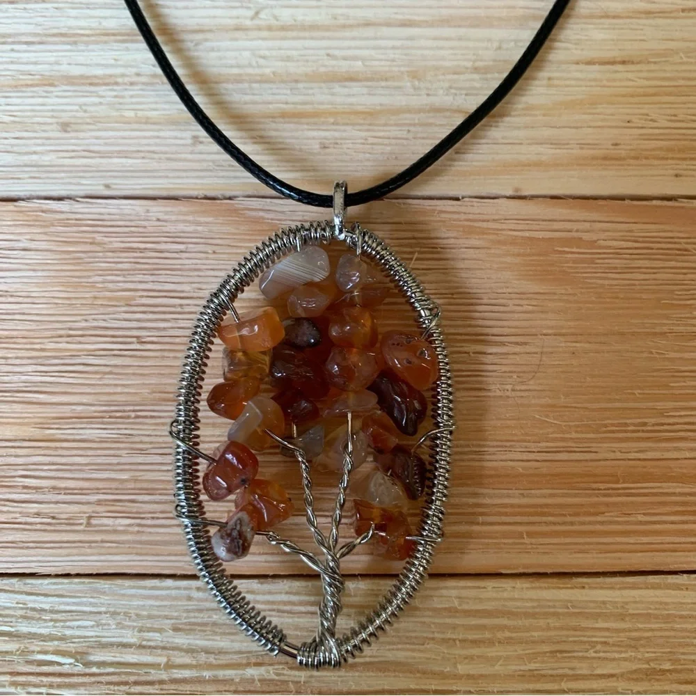 Red Carnelian Crystal Tree of Life Wire Wrapped Pendant Necklace Adjustable Cord